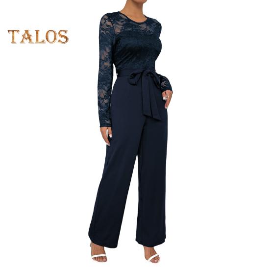 Γυναικεία Φόρμα Επίσημη Δαντέλα Μακρυμάνικη Παντελόνι Ευρύ Πόδι Ψηλόμεσο Ρομπέρ με Ζώνη Καλοκαιρινό Ολόσωμο Φόρμα