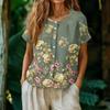 Women's Vintage Style Henley Collar Button Front Floral Print Blouse Short Sleeve Casual Top Lightweight Fabric Relaxed Fit