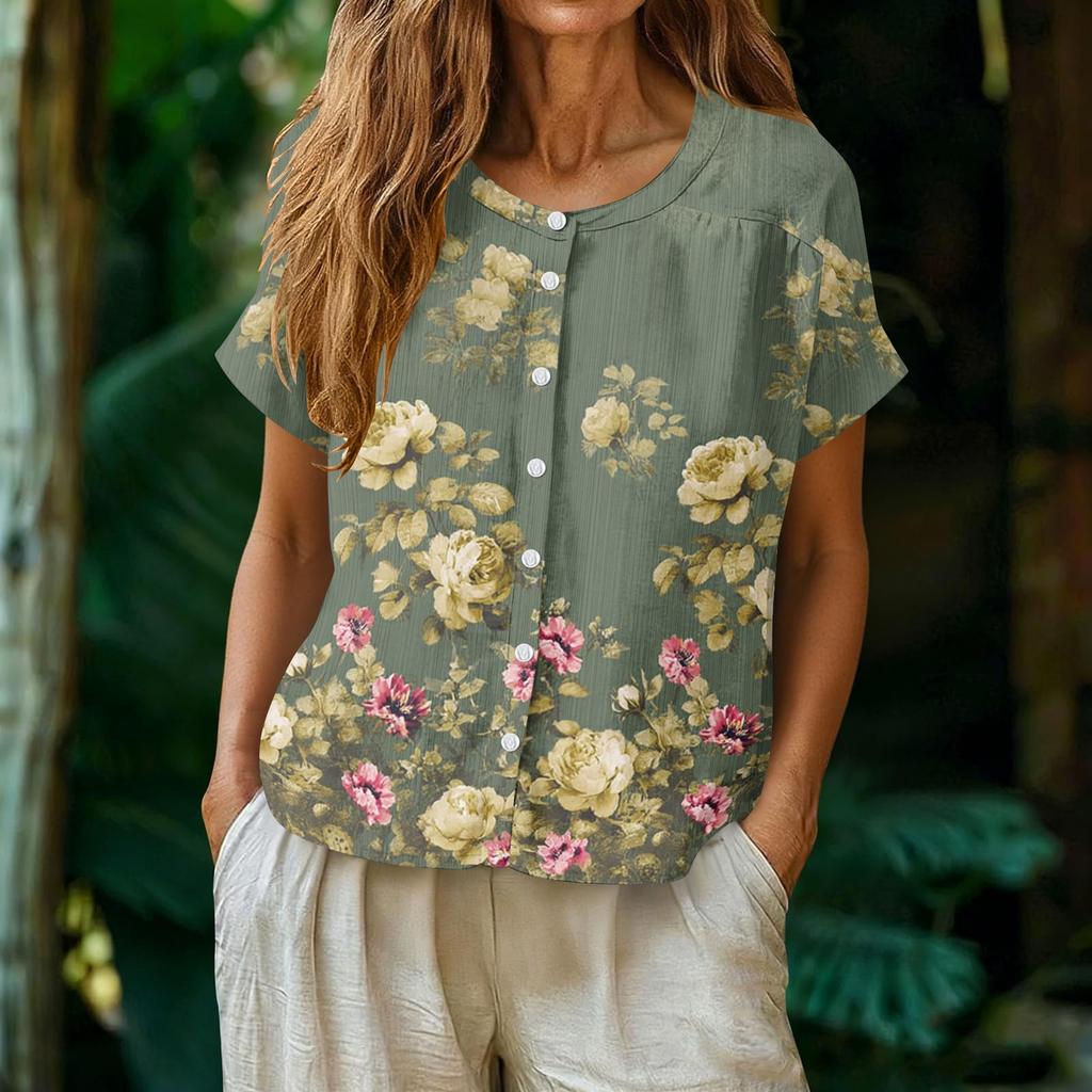 Women's Vintage Style Henley Collar Button Front Floral Print Blouse Short Sleeve Casual Top Lightweight Fabric Relaxed Fit