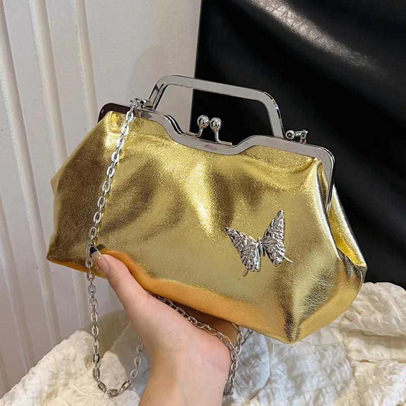 Glitter PU Leather Gold Handbags for Women Evening Bags Shoulder Bag Chain Texture Hot Pink Handbag Shell Clip Fashion