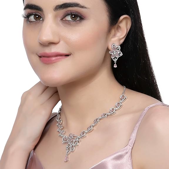 Rhodium-Plated American Diamond Studded Floral & Paisley Shaped Necklace With Earrings Jewellery Set For Girls and Women