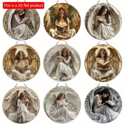 1pc 2d Flat Angel Theme Wreath Sign - 20cm, Round Wooden Sign, Suitable for Home, Living Room, Cafe, Restaurant, Garage Decoration, Holiday Gift