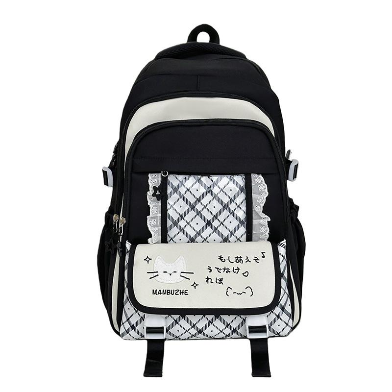 Schoolbag Japanese School Bag Female Cat Letter Plaid Large Capacity Backpack Sweet Versatile Junior High School Girls Light Backpack