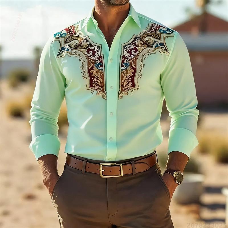 Men's Retro Fashion Printed Long-Sleeve Shirt, Western Cowboy Style, Slim Fit Casual Shirt, Comfortable Fabric, Sizes XS-6XL