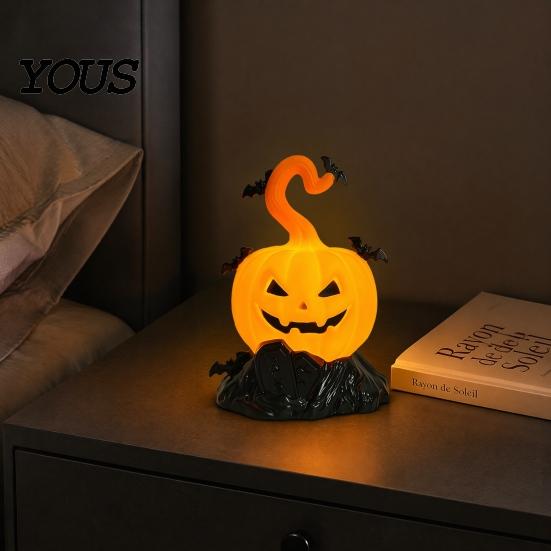 Halloween Tombstone Decoration LED Candle Light Figurine, Bat Glowing Tabletop Ornament, Warm Theme Decor Pumpkin Prop for Escape Room Haunted