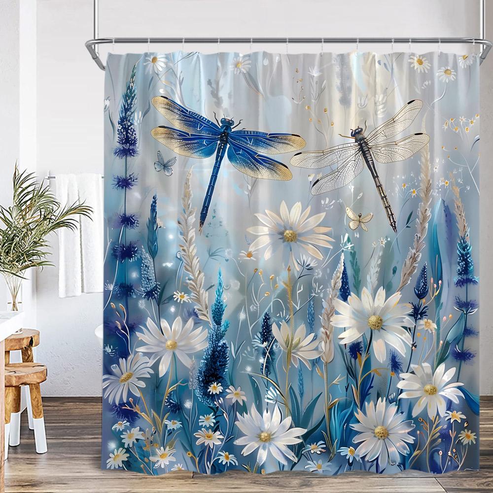 Vintage Dragonfly Shower Curtain Insect Plant Purple Flower Wistera Daisy Bathroom Decor Polyester Bathtub Curtain with Hooks