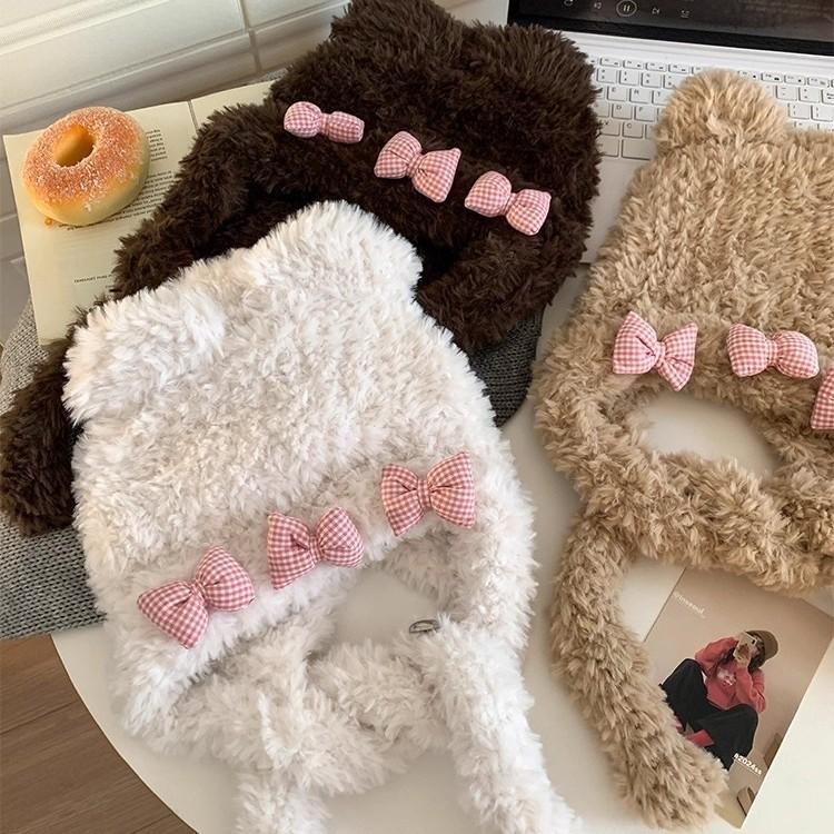 Cute Bear Ears Bow Plush Hat Female Autumn and Winter Sweet Girl Thickened Warm Ear Protector Lei Feng Hat