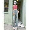Calça jeans reta plus size feminina, primavera e verão, cintura alta, fina, solta, pernas largas, calças de arrasto