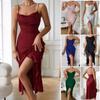 Women's Solid Color High Slit Nightgown Ruffle Trim Sexy Sleeveless Camisole Loungewear 635 Chic Versatile Sleepwear That Can Be Worn As a Mini Dress