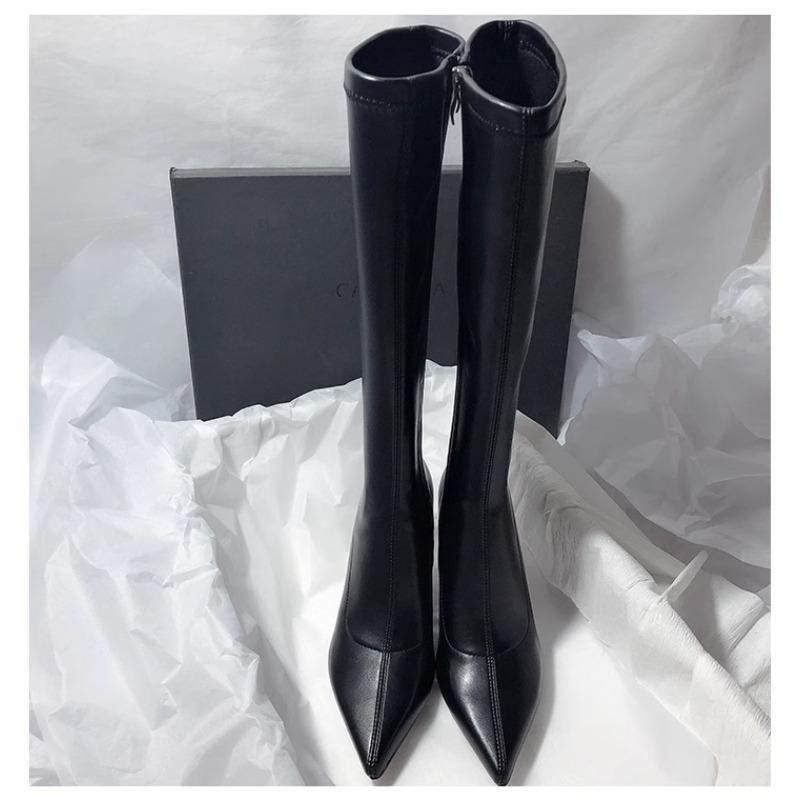 Fashion Beautiful Solid Color Soft Leather Pointed Toe Thin Heel Side Zipper Stretch Women's Boots 2025 New Internet Celebrity High Heel