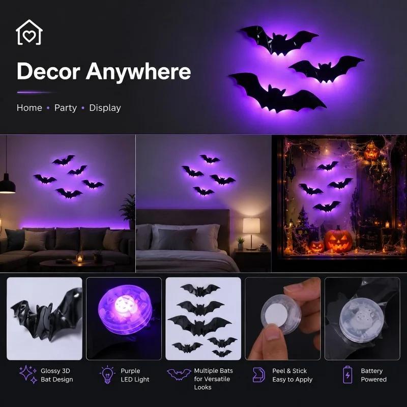 12Pcs Halloween Bats Wall Decor,Lighted 3D Bats Wall Stickers,PVC Halloween Decor for Indoor Outdoor Home Window Party Supplies