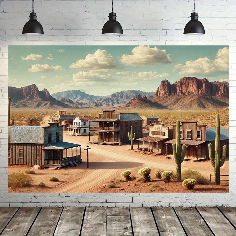 1 Sfondo in Poliestere Cittadina Desertica del West - Scena Reale con Cowboy e Cactus Decorazione Murale