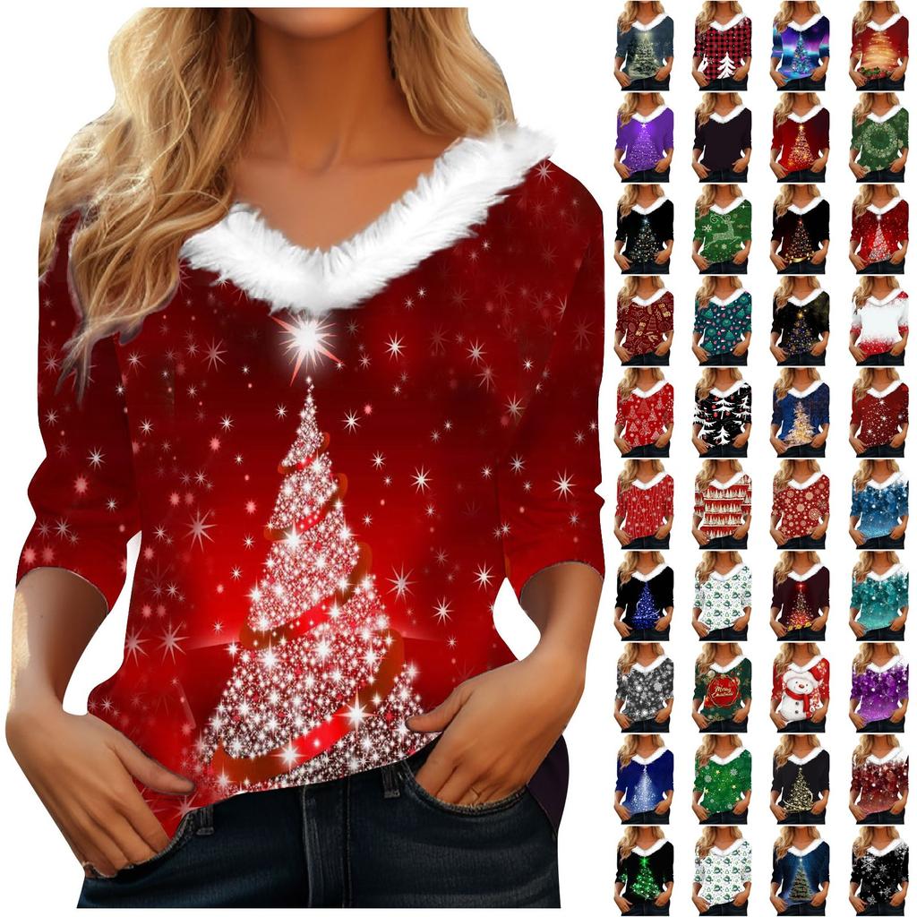 3/4-Ärmel-Shirts für Damen, weihnachtlich bedruckte Grafik-T-Shirts, Blusen, lässig, Übergröße, Basic-Oberteile mit Knopfleiste, Pullover