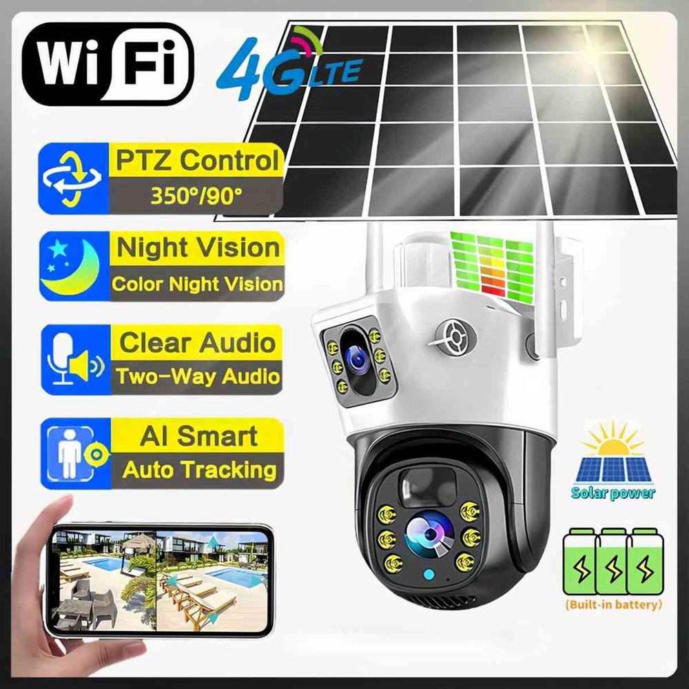 

Сонячна 4G Sim зовнішня подвійна лінза WiFi 8MP 4K IP нічне бачення HD CCTV Безпека Вбудована батарея Виявлення PIR Сигналізація Камера WIFI CCTV no card білий