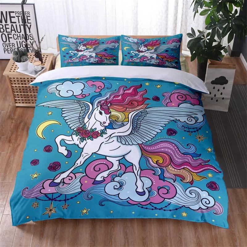 Colorful Luminous Unicorn Print Bedding Set 3D Cartoon Animal Pattern Duvet Cover Bedroom Decor With Pillowcases For Girls Gift