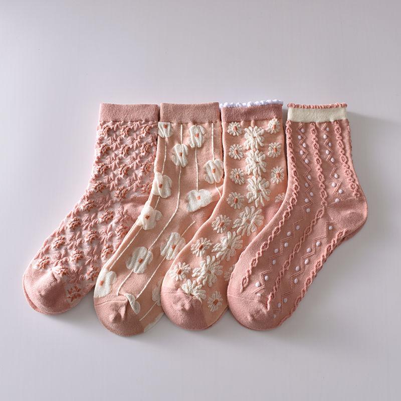 5 Stück/weiße florale Mid-Tube-Socken für Damen, trendige japanische Pudernebelfarbe, Student Loli Spring, dünner Abschnitt, JK-Socken, Pink, Neu