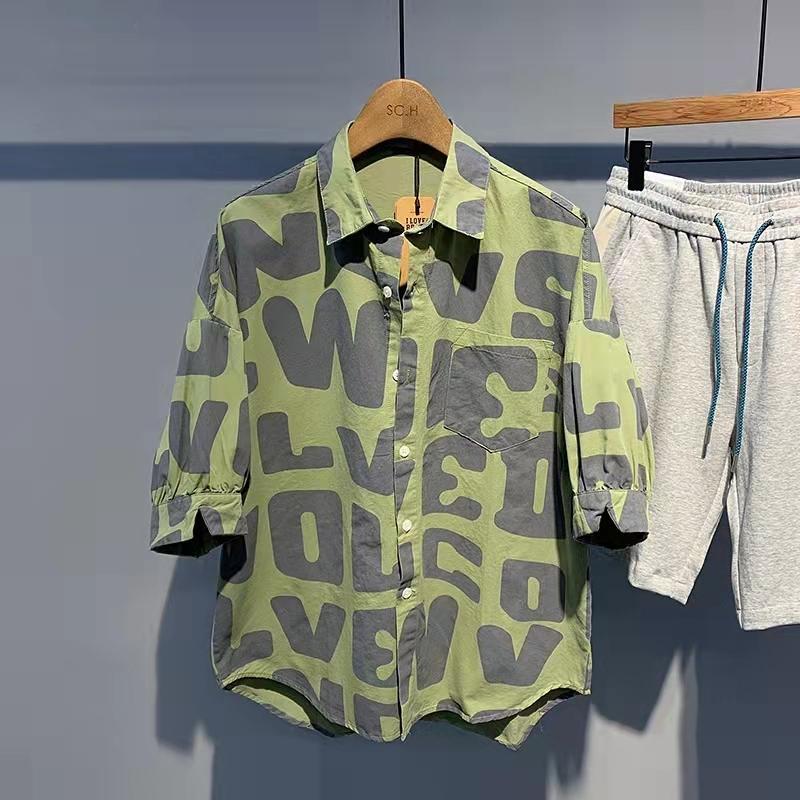 

Summer Trendy Men s Fashionable Lapel Full Body Letter Print High-end Versatile Casual Loose Oversized Short Sleeved Shirt XL зелений