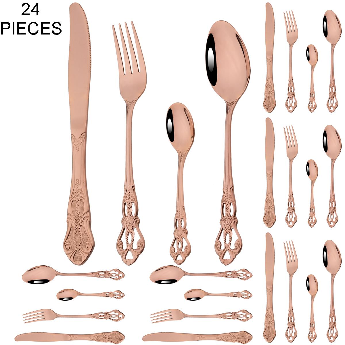 

Старовинний золотий набір столового посуду з 24 предметів. Набір столових приборів з нержавіючої сталі. Ніж. Виделка. Кавова ложка. Яскраво-рожевий