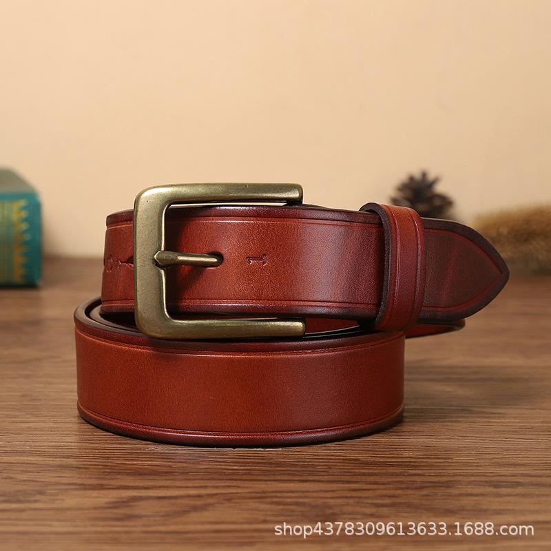 Belt Men's Retro Hand-Rub Color Distressed Pure Cowhide Leather Pin Buckle Fashion Trendy Korean Style Brass Buckle Belt
