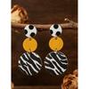 1 Pair European & American Retro Zebra Print Polka Dot Mustard Yellow Color Block Round PU Leather Earrings
