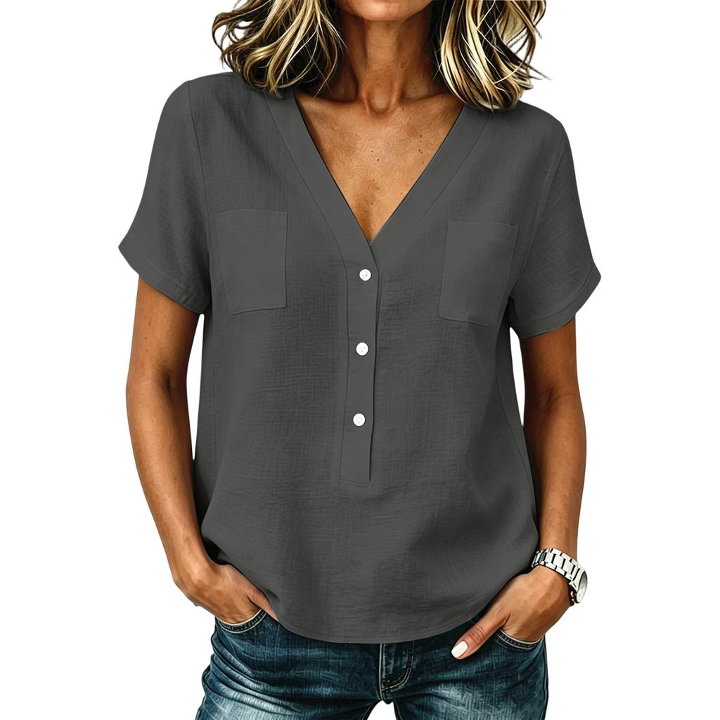 Women Casual V Neck Button Front Top with Pocket Short Sleeve Relaxed Fit Blouse Lightweight Comfortable Fabric
