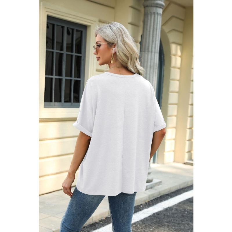 New Summer Women T-shirt Solid Color Round Neck Short Sleeve Loose T-shirt Tops