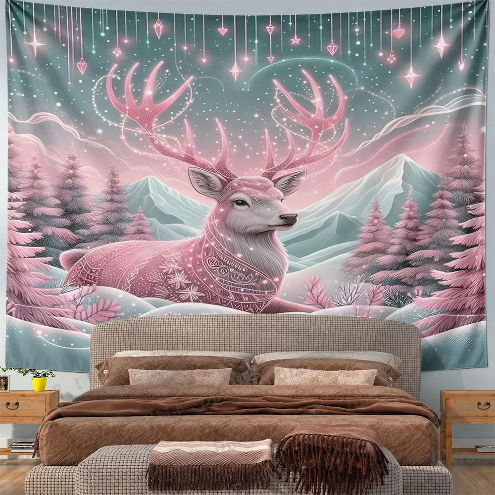 "Pink Deer In Magical Winter Landscape" Pattern Wall Hanging Tapestry Decorative Tapestry Home Decor for Bedroom and Living Room
