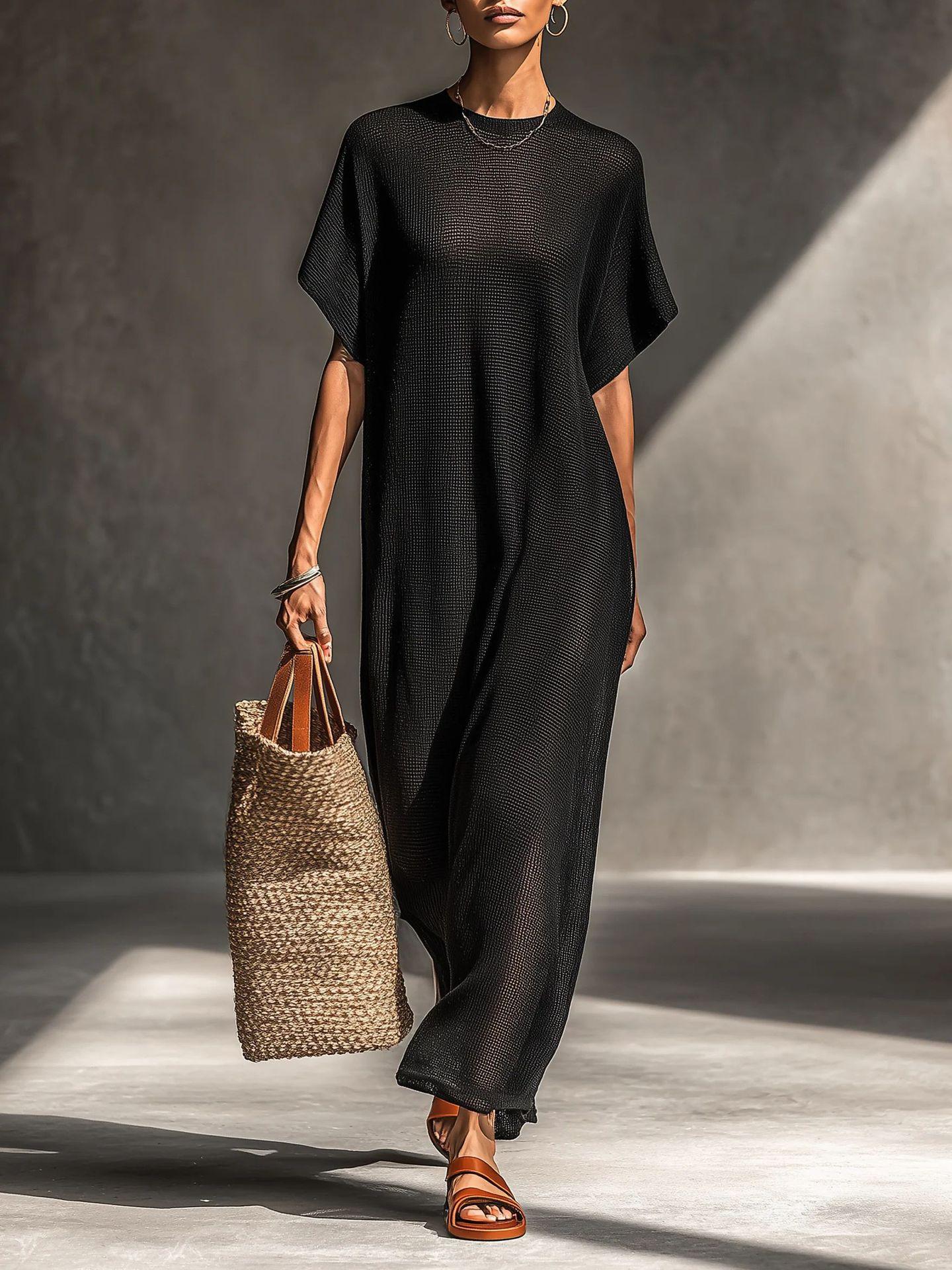 2026 European and American summer women s clothing medium-sleeved V-neck long dress pullover loose dress S