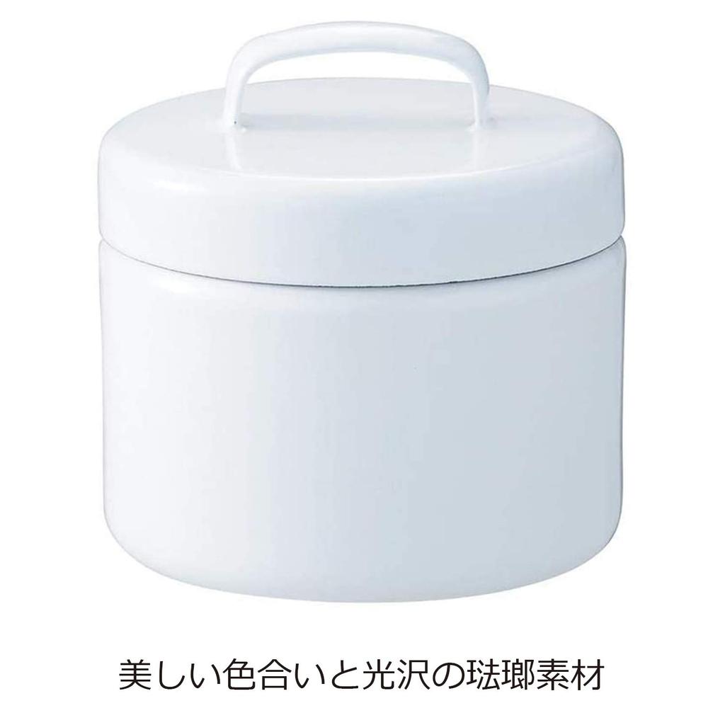 Nichinichi Dougu Enamel Storage Round Canister with Inner Made In Size S Container, Lid, Japan, White,