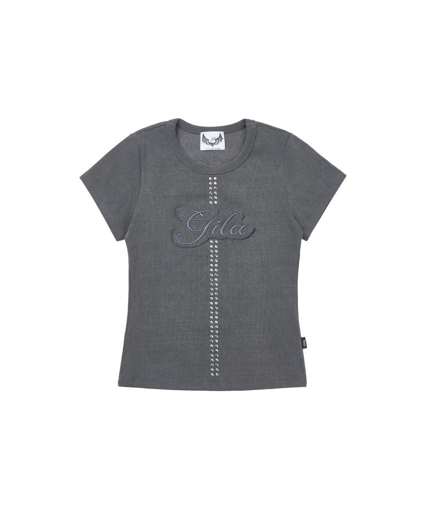 Gillaakaibeu Stud Patch Logo Dyed Crop T-Shirts_Charcoal