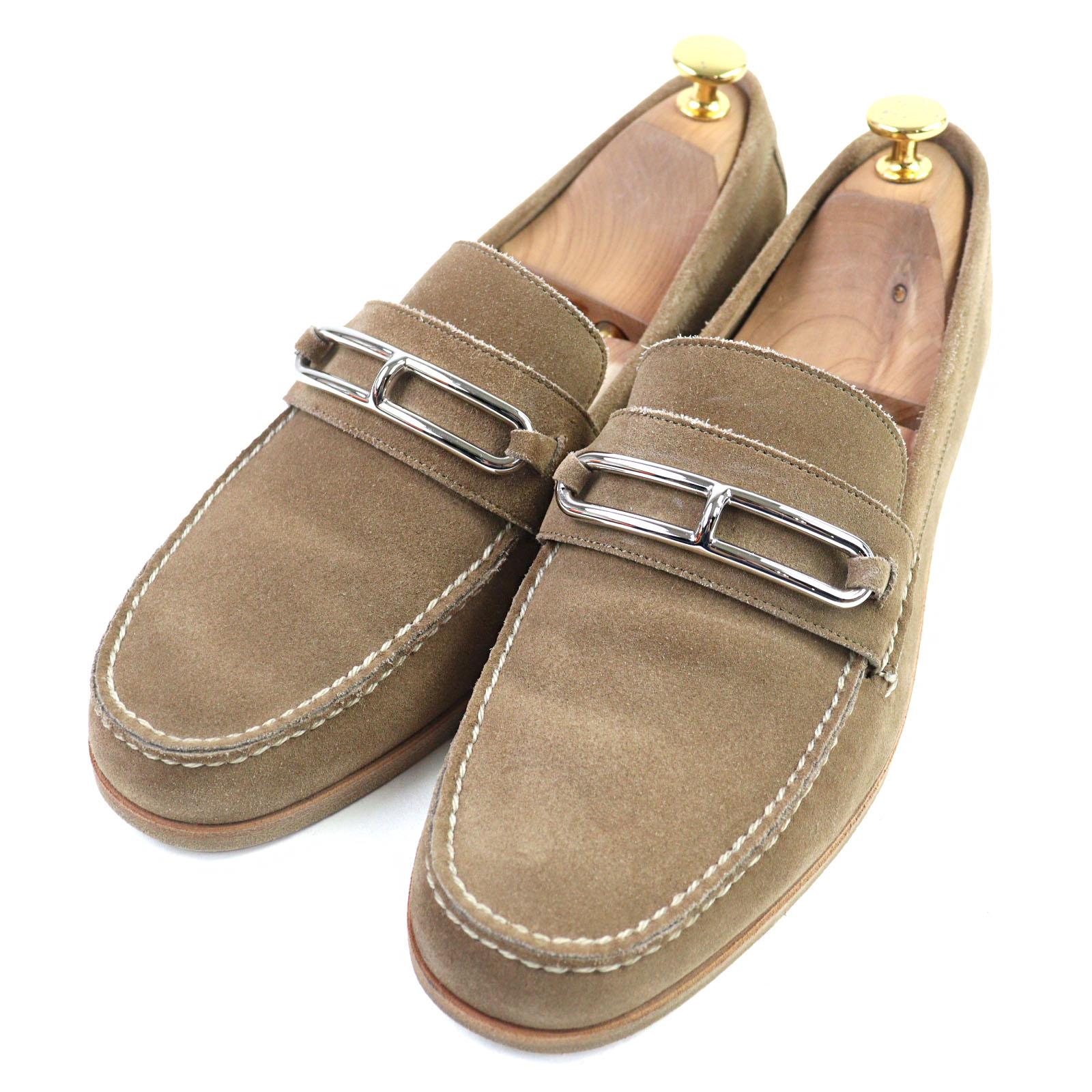

HERMES loafers Luli buckle moccasin stitching beige Suede leather men 40 Used