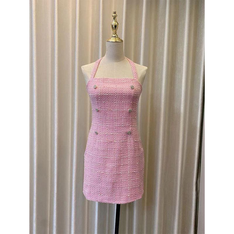 

CHICYOU Pink Diamond Buckle Halter Dress - Women s Sweet & Sexy Spring/Summer Temperament Dress M розовый