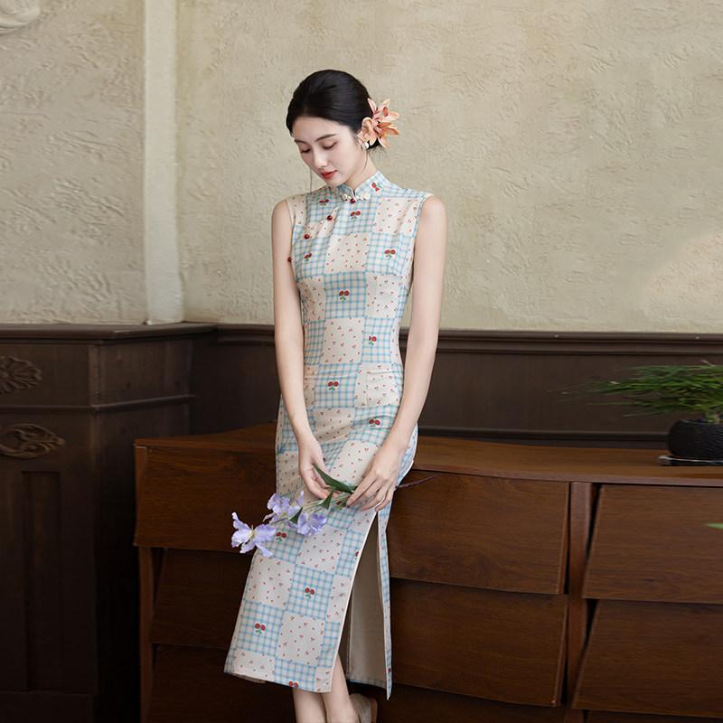 Plaid Sleeveless National Style New Chinese Daily Suzhou Long Cheongsam Improved Young 1011 New Women's High Sense
