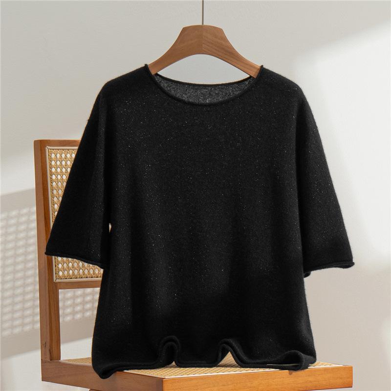 Women's 100% Pure Cashmere Short Sleeve Round Neck Sweater - Rolled Hem Knitwear, Early Autumn Versatile Pullover