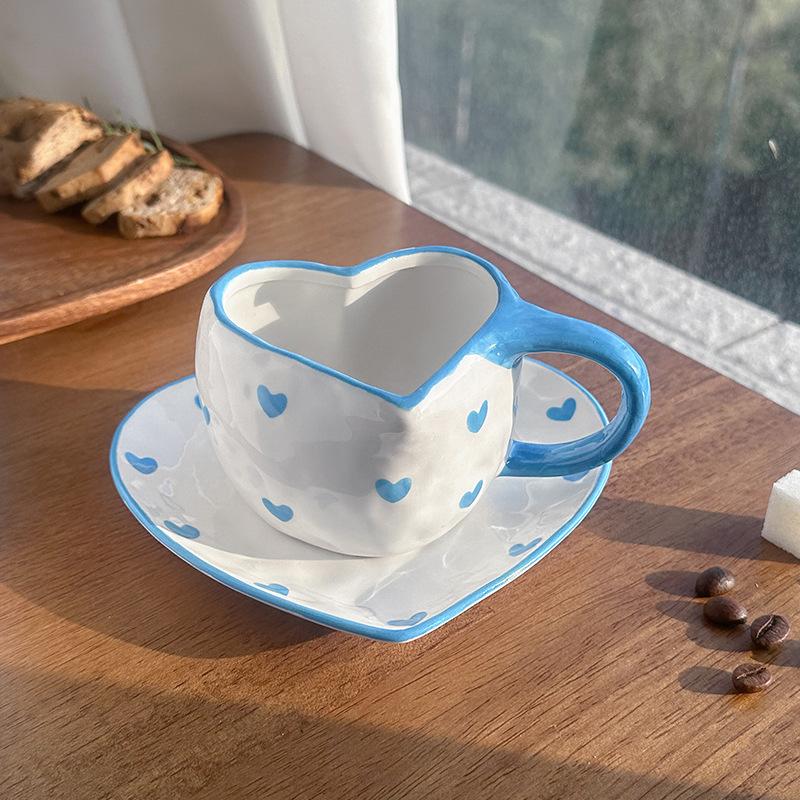 Korean Style Retro Love Ceramic Cups and Saucers, Hand-squeezed Irregular Heart-shaped Coffee Cups and Saucers, Afternoon Tea Cups and Saucers