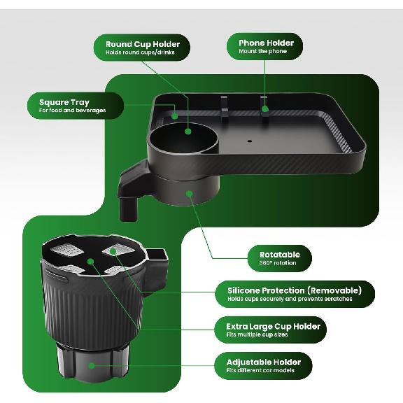 Car Cup Holder Tray, Extra Large Car Cup Holder Expander With 360° Rotation Fit Most Big Cup Detachable 3 In 1 Car Trays For Eating, Phone & Snack