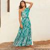 Women Spring Summer Strapless One-Shoulder Print Ankel-Length Dress V-neck High Waist