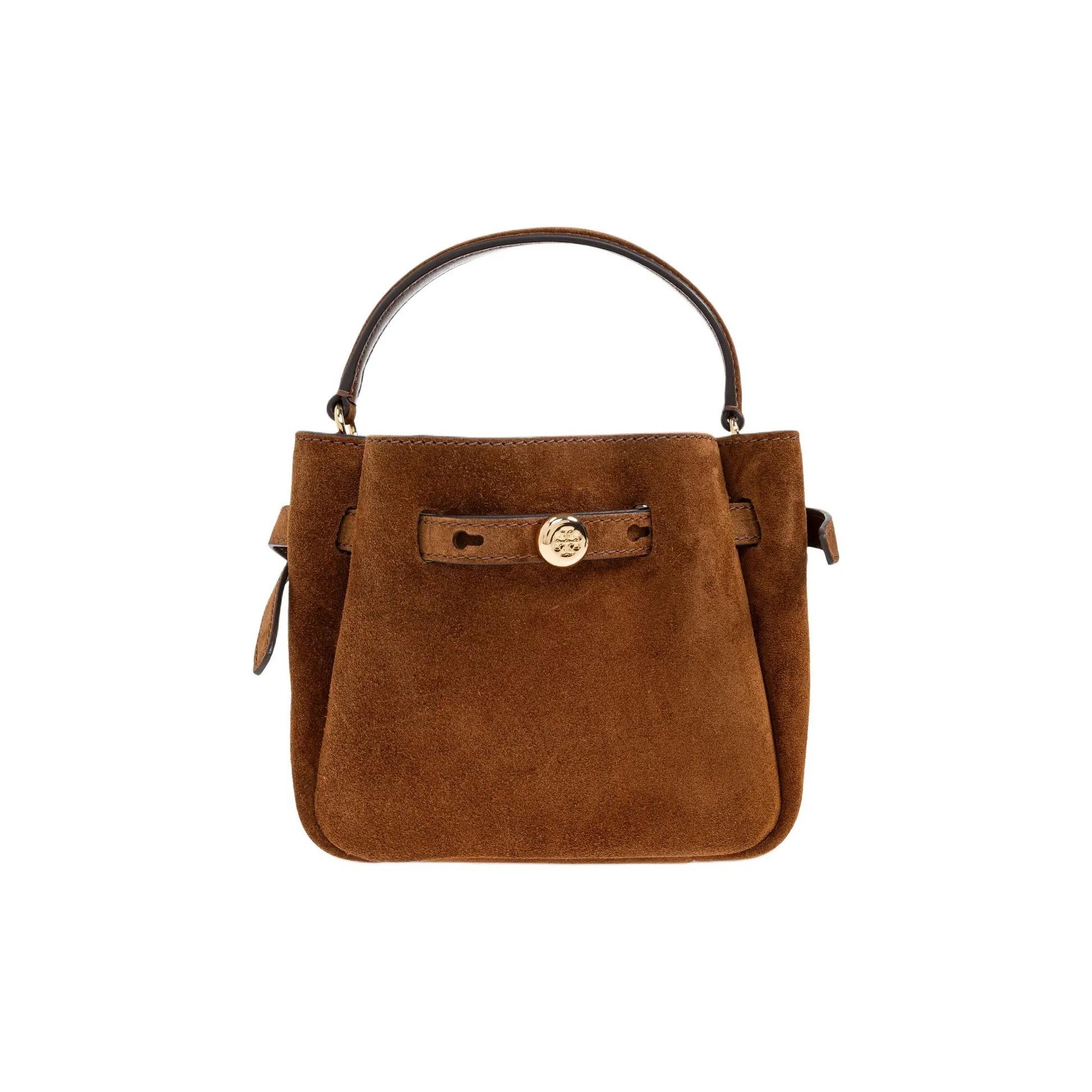 

TORY BURCH Romy Gold Logo Bucket Bag Cowhide Leather Shoulder and Handbag Mini Women Caramel Color Basic set bag (bag+dust bag) коричневий