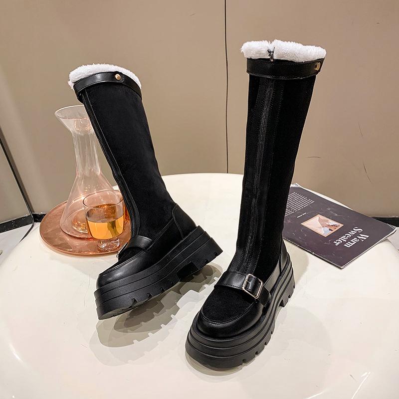 

Модные дизайнерские сапоги на платформе из флока для женщин Модные женские туфли с мягкой подошвой Осень-зима Сапоги выше колена для женщин 35