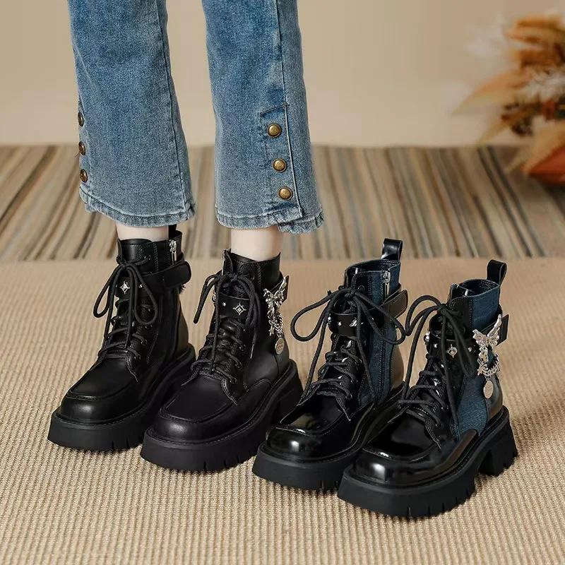 Women Metal Platform Middle Tube New Dark Punk Increased Lace-up Female Lace Up Girl Motorcycle Boots