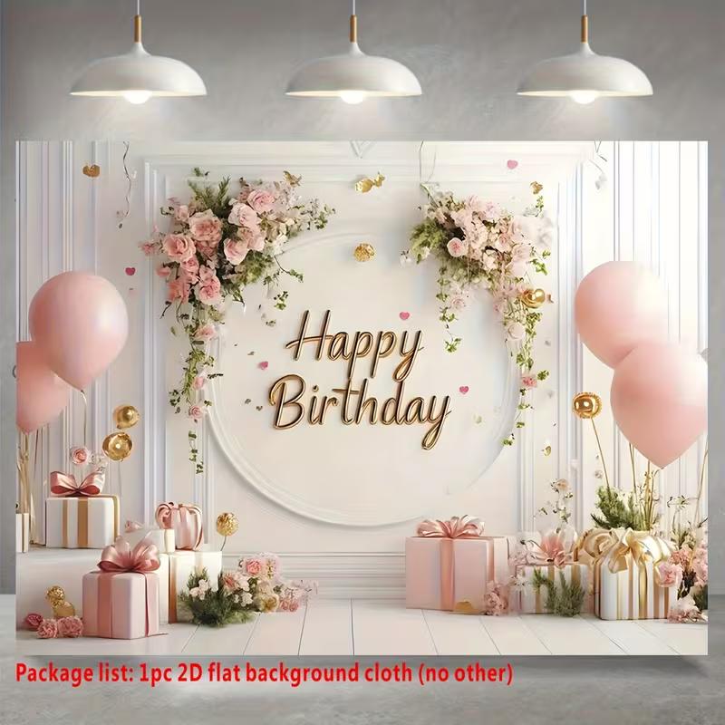 2D Pink Gold Themed Happy Birthday Backdrop Banner for Birthday Party Photography Decoration