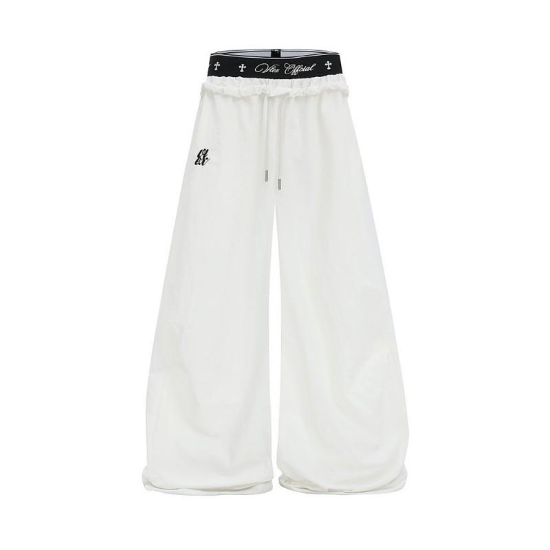 American Street Style Quick Dry Parachute Pants Embroidered Waist Relaxed Wide Leg Casual Trousers Teens