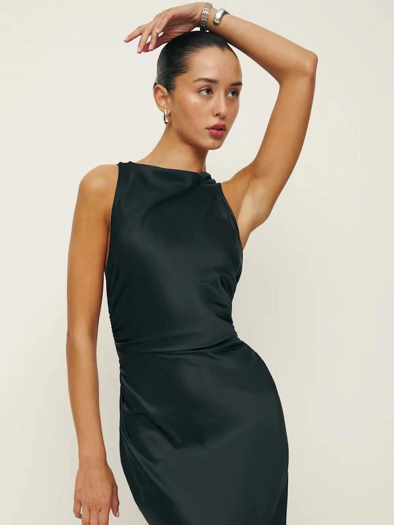 Spring Summer Sexy Halter Long Dress - European & American Style, Slim Fit, Solid Color, Sleeveless for Women