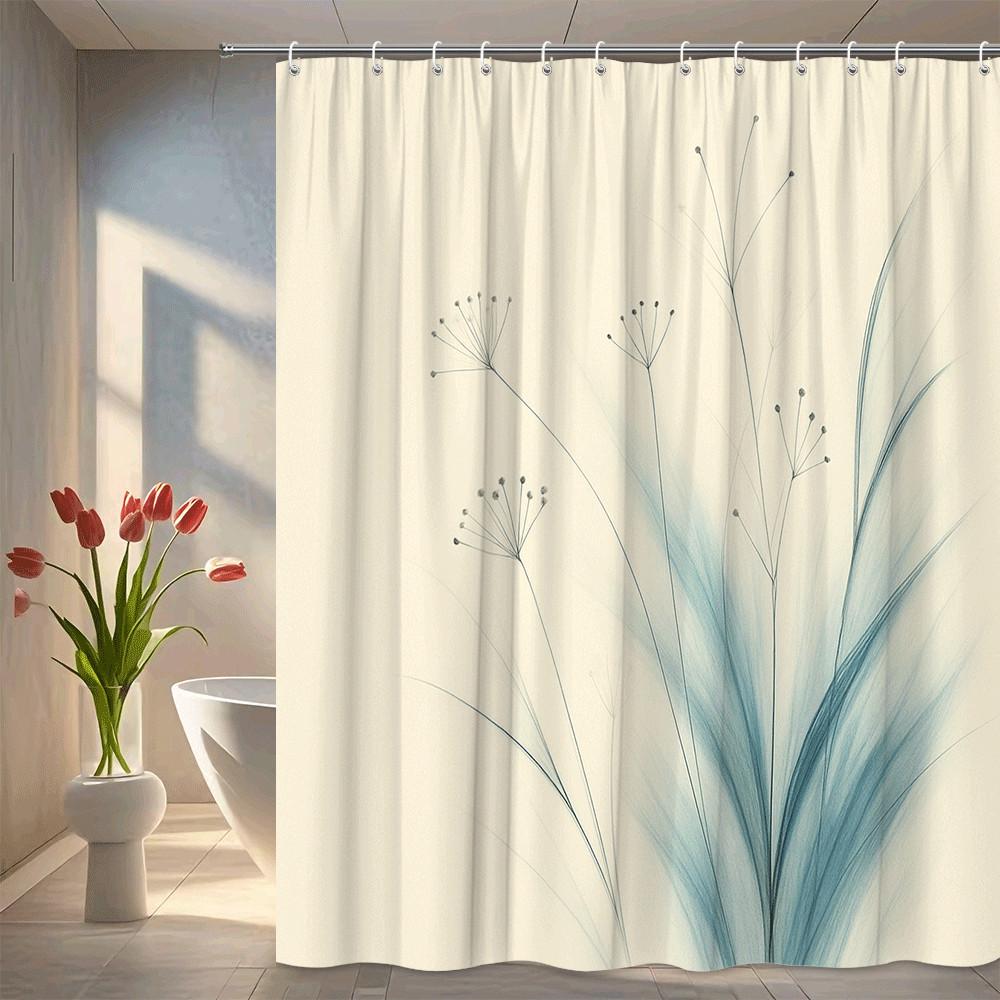 

Minimalist Blue Grass Shower Curtain Soft Beige Background Delicate Plant Design Zen Nature Decor Waterproof Elevate Your Space W60H190(CM)-1 Pcs