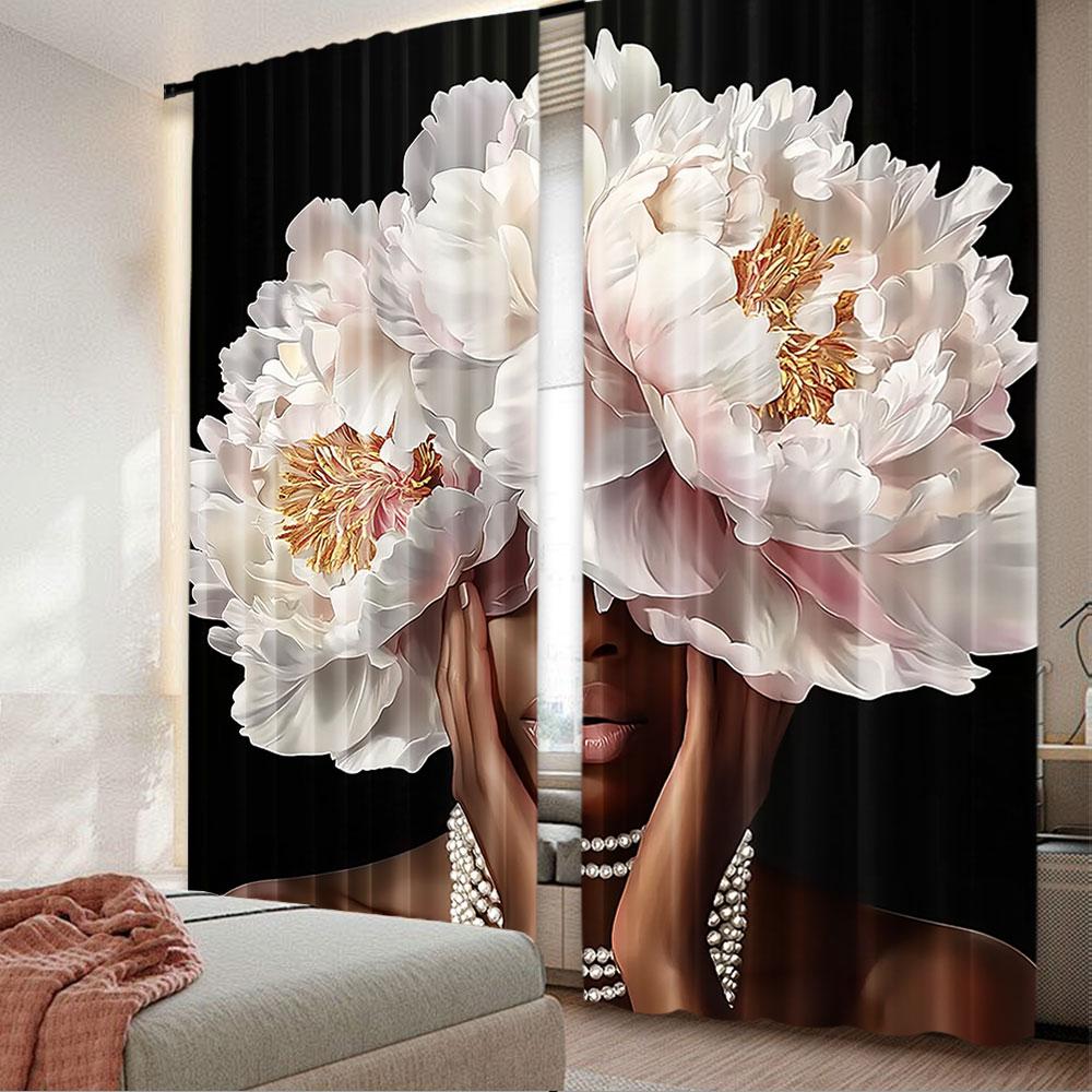 

African American Curtain Black Girl Pink Peony Floral Retro Rose Pearl Artwork Suitable Bedroom Bathroom Living Room Set Of 2 Made Polyester Washable W100*H70(CM)-Grommet top&2PCS