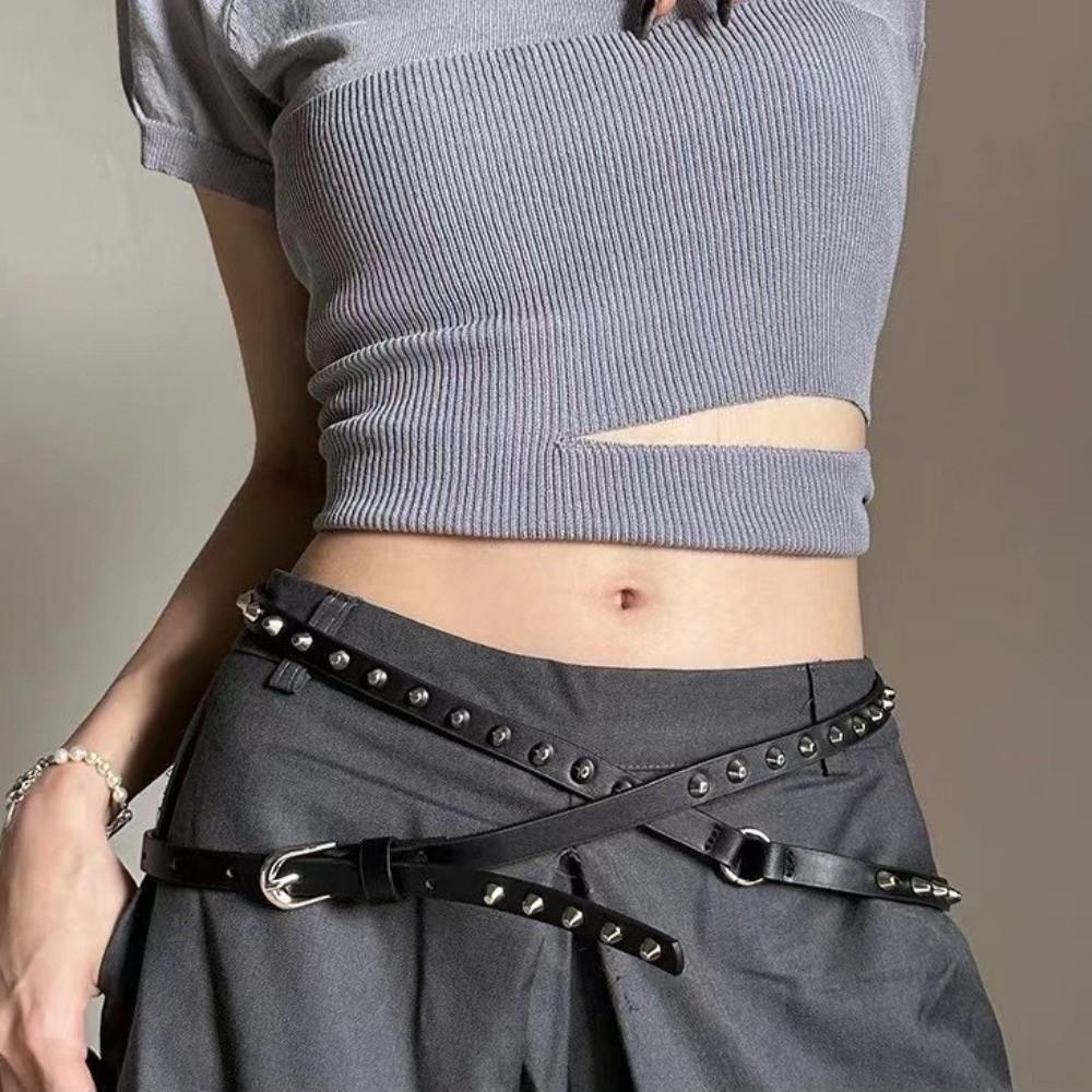 Curea Subțire cu Nituri pentru Femei, cu Cataramă Dublă, pentru Rochie, Blugi, Curea de Talie din Piele, la Modă, Streetwear