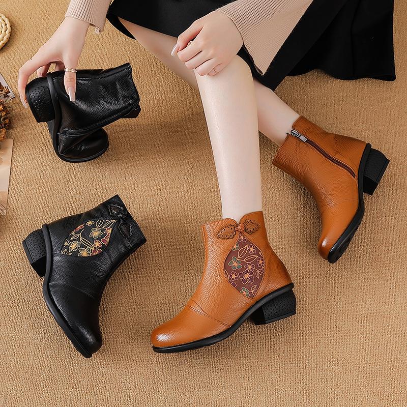 Johnature Ethnic Style Genuine Leather Thick Heel Short Boots Retro Printed Warm Side Zipper Women's Boots