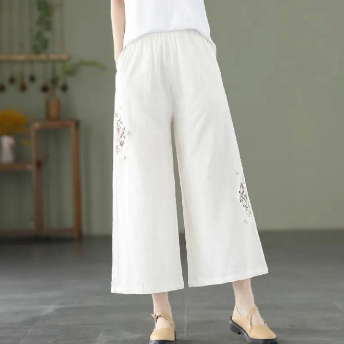 Spring/Summer Plus Size Loose Cotton Linen Embroidered Retro Wide-Leg Pants