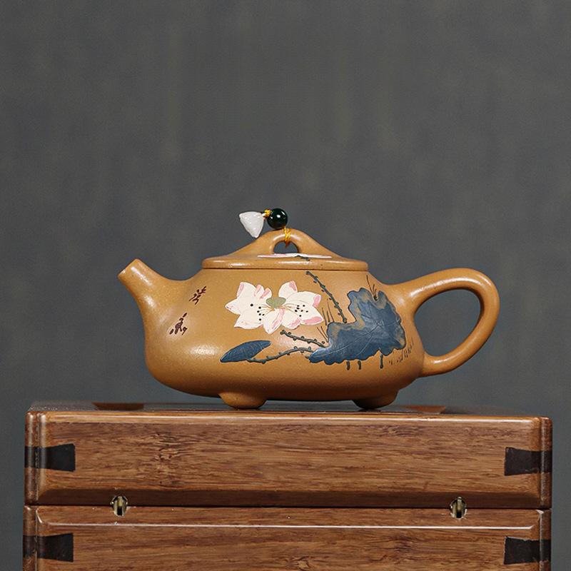 

240 мл Классический Исинский фиолетовый глиняный чайник ручной работы из листьев лотоса, каменный черпак, заварочный чайник для замачивания чая из необработанной руды, чайный набор «Цзыша»