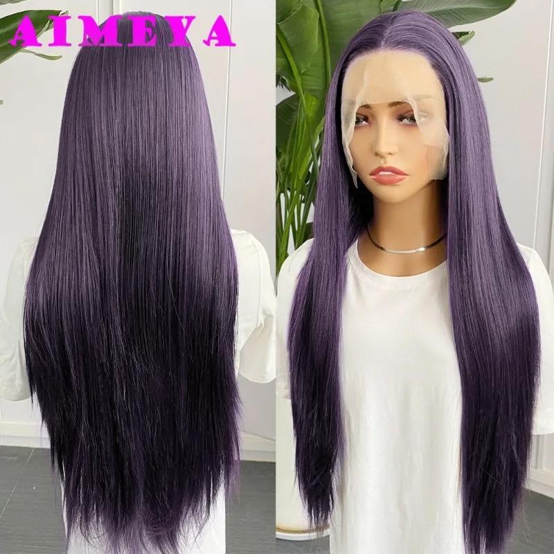 AIMEYA Dark Purple Wig Long Silky Straight Synthetic Lace Front Wig Natural Hairline Daily Wear Cosplay Purple Lace Front Wig